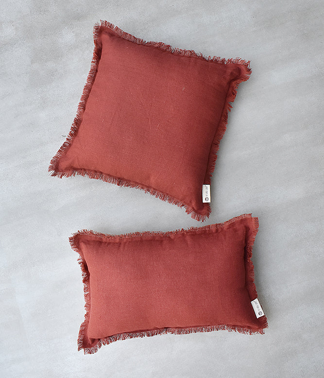 &quot;Fringe Luxe&quot; Linen Cushion Collection -  Modern Maroon